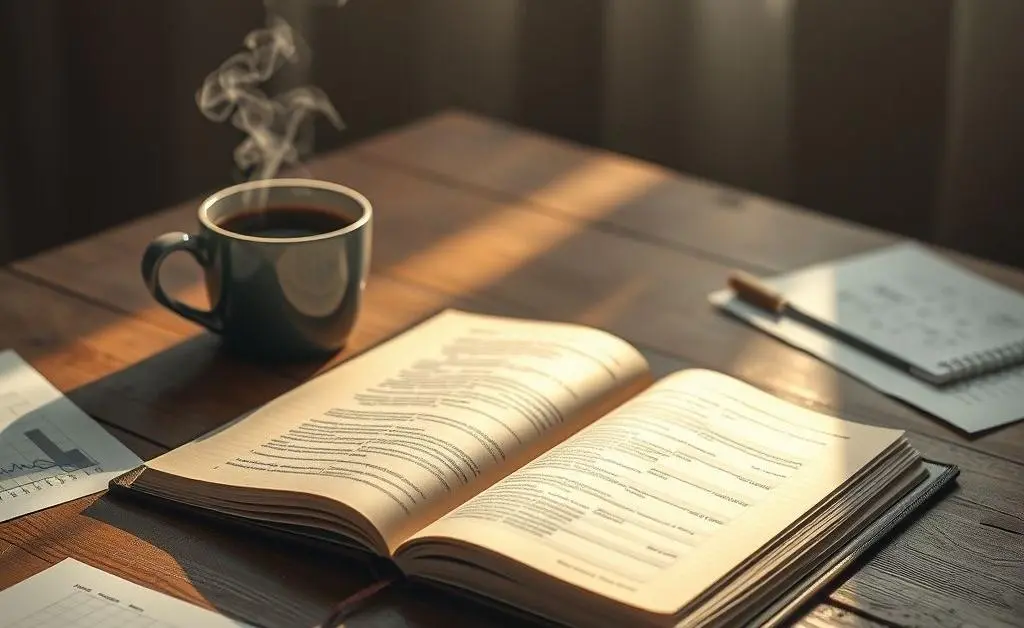 A peaceful scene with soft lighting showcasing an investment journal