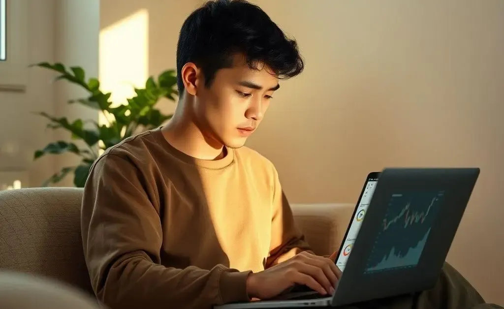 A tranquil setting showing a person calmly reviewing stock market charts on a laptop, with a plant in the background.