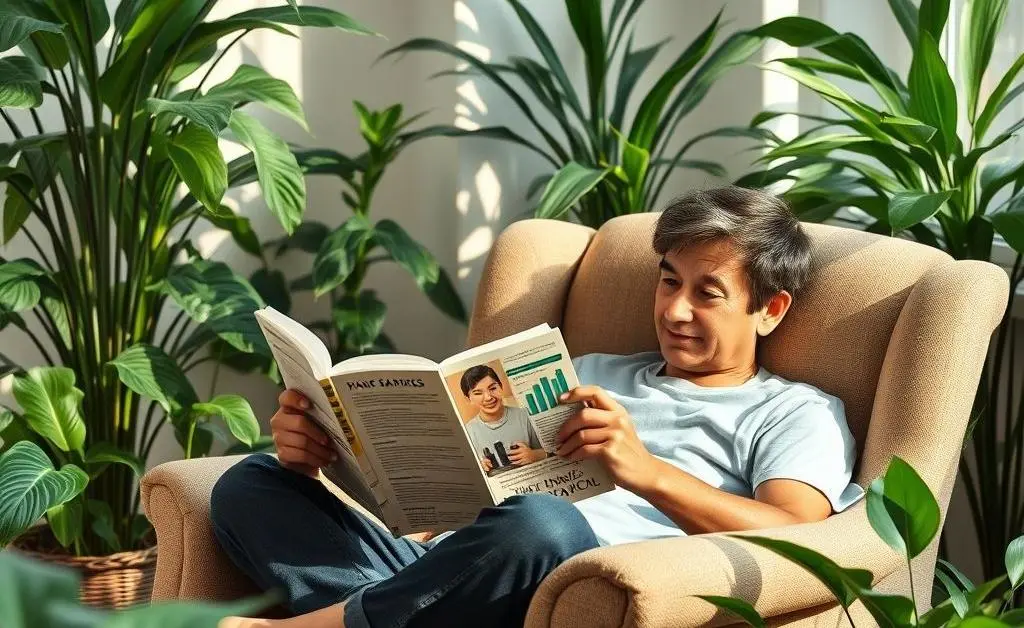 Relaxed person reading a book on investing