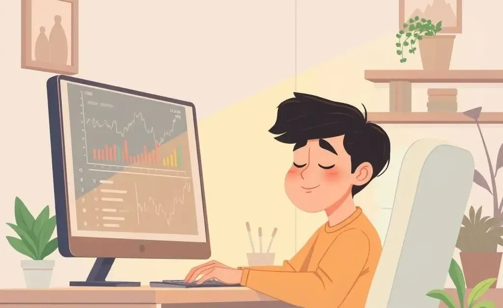 A serene cartoon scene of someone calmly reviewing investment options on a computer.