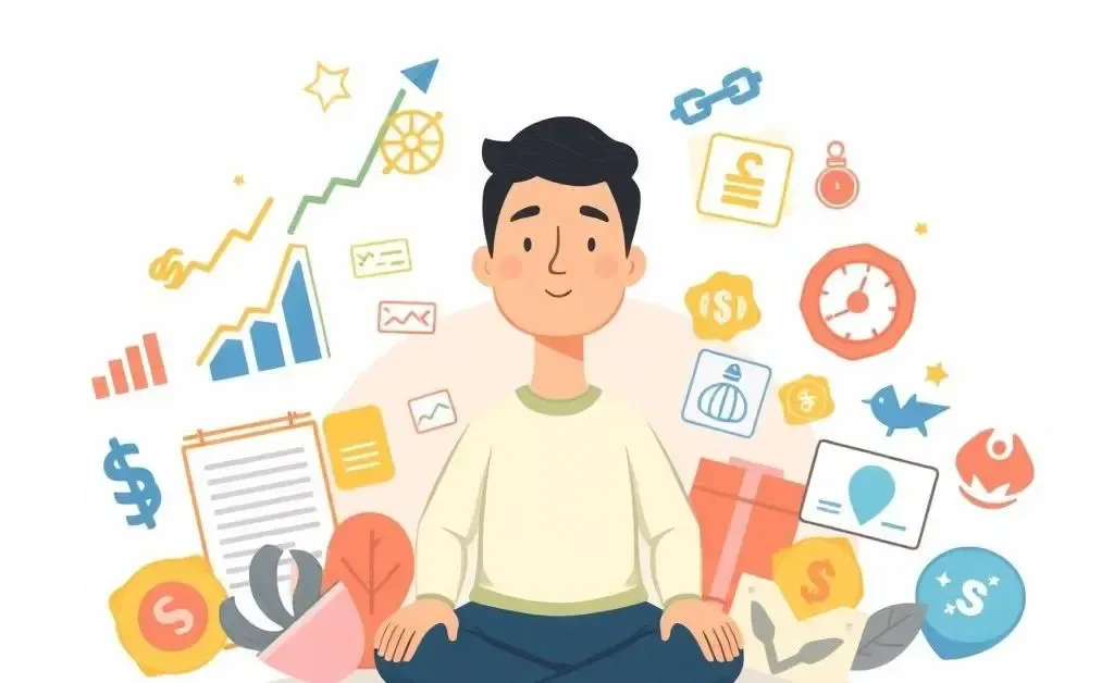 Minimalist cartoon of a calm person surrounded by investment icons.