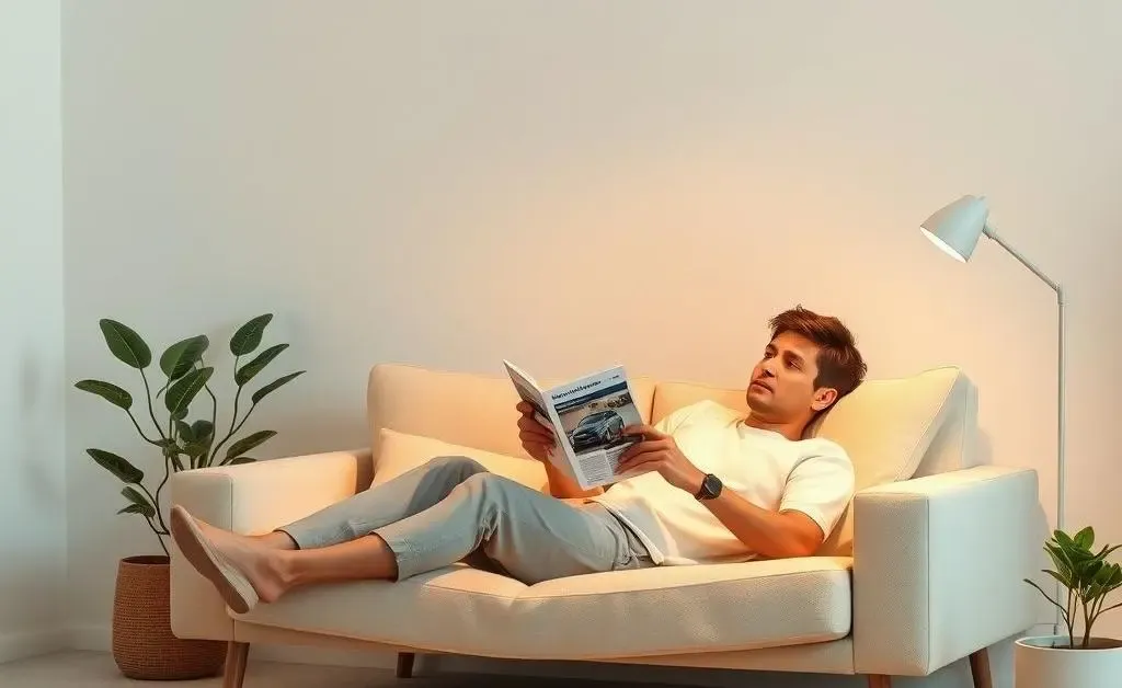 A relaxed person reading about car insurance on a sofa.