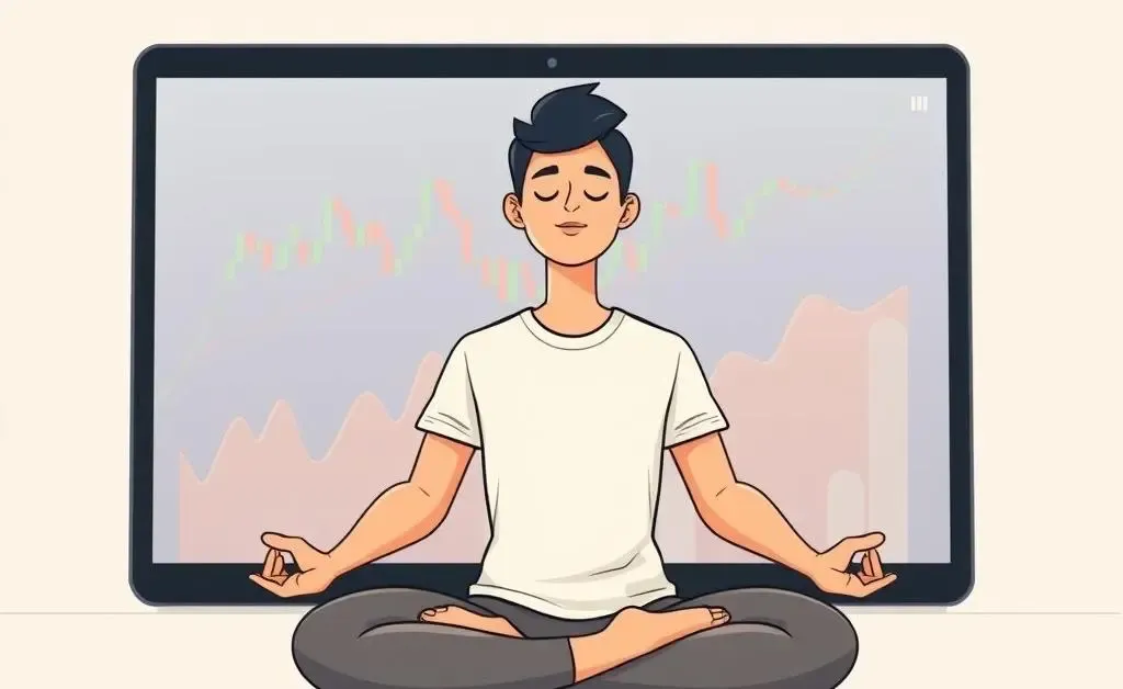 A relaxing scene of a person meditating in front of a laptop with stock graphs displayed, in a minimalist cartoon style.
