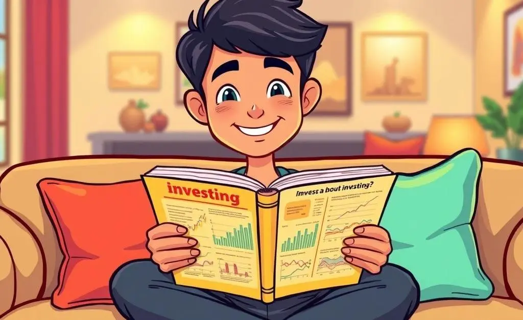 Cartoon image of a person sitting in a relaxed pose on a couch, reading a book about investing