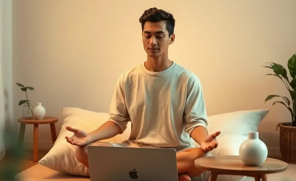 Person meditating beside a laptop symbolizing calmness in investment decisions