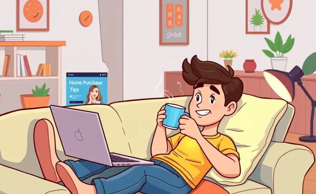 A person relaxed on a couch, sipping coffee while watching a webinar on home buying.