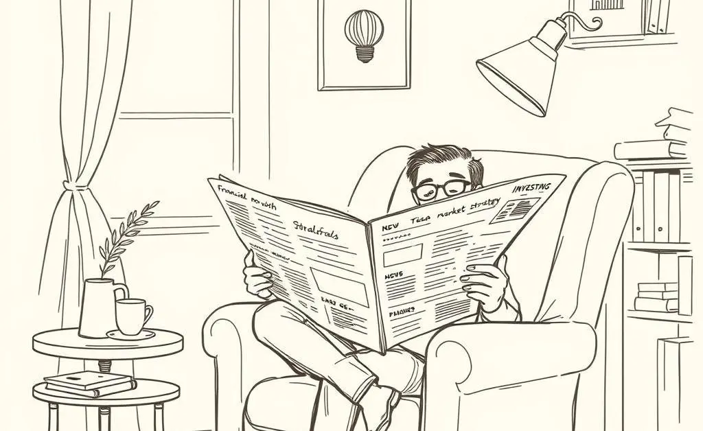 A person calmly sitting in a chair reading about investing.