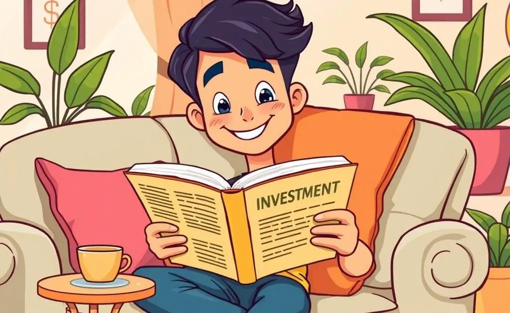 A cartoon-style image of a person relaxed on a couch while reading a book on investments.