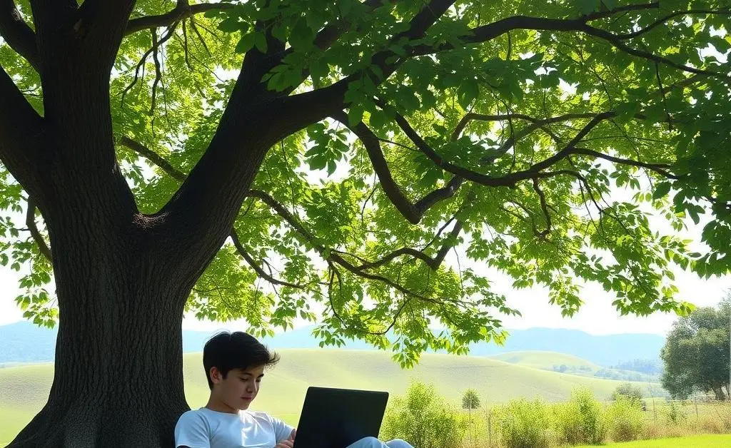 Person sitting under a tree with a laptop, looking at investment options
