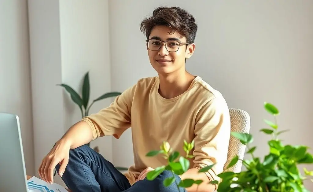 A young adult sitting relaxed with investment papers and a growing plant on the table.