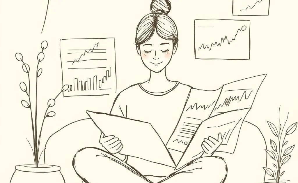 Serene person reading financial graphs, representing calm investing