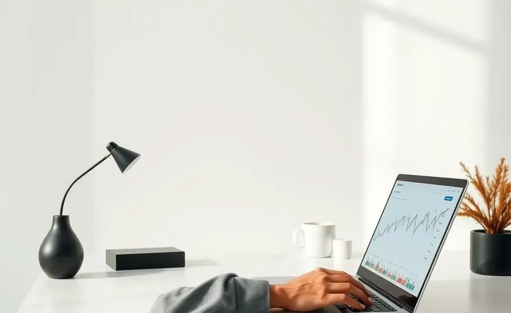A minimalist setting with someone peacefully checking investment charts on a laptop.