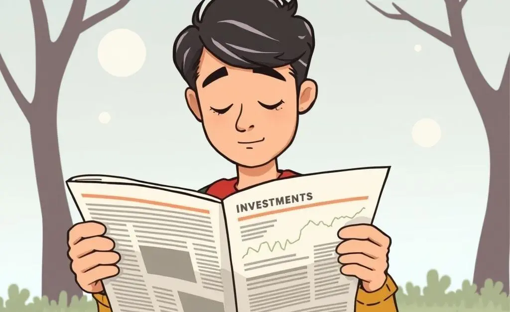 A person calmly reading investment news with a serene background