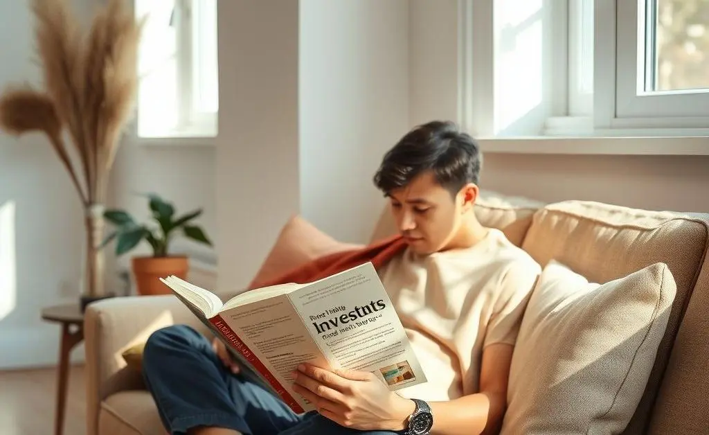 A serene scene of a person sitting on a couch, reading a book on investing.