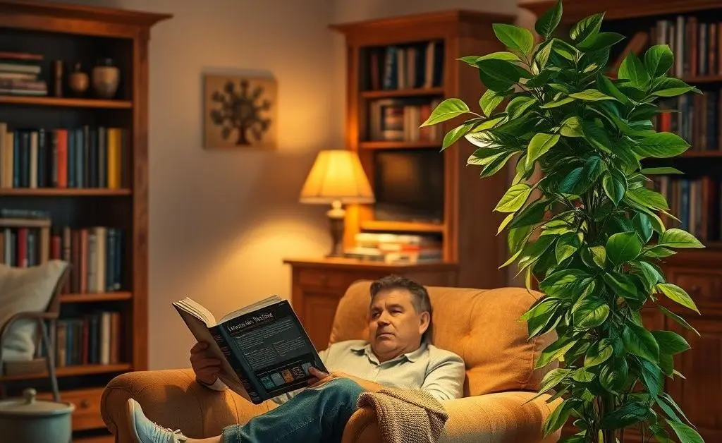 A cozy living room setting with someone comfortably reading an investment book next to a money tree plant
