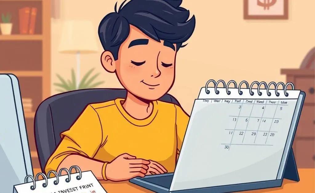 A person peacefully investing on a computer with a calendar and planner open beside them.
