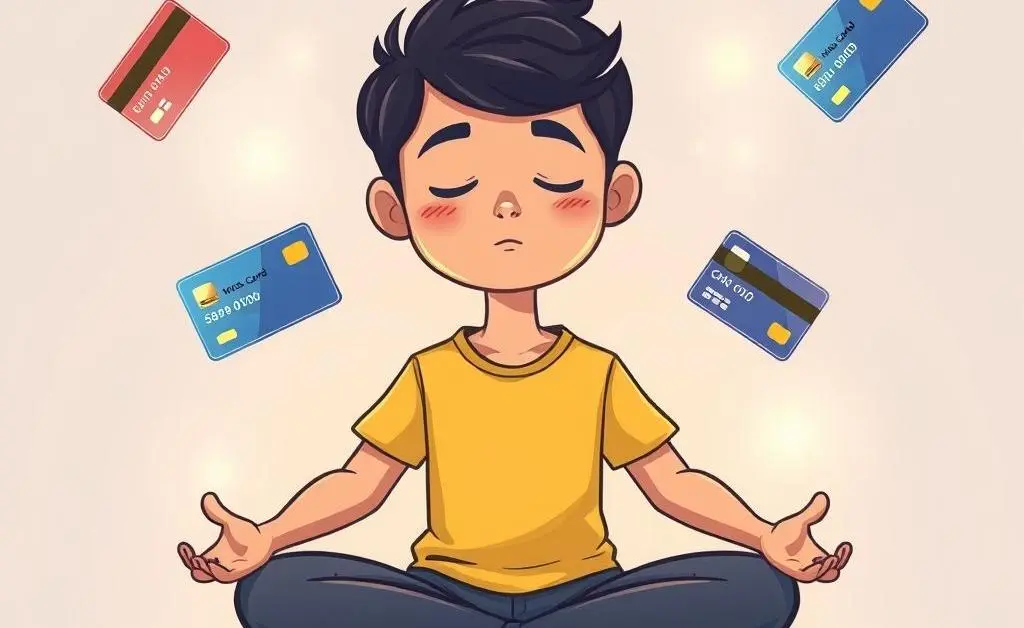 Person meditating with credit cards around them