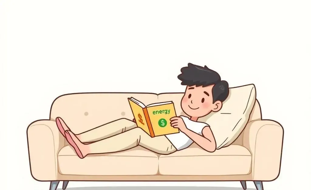 A relaxed person reading on a sofa about investing