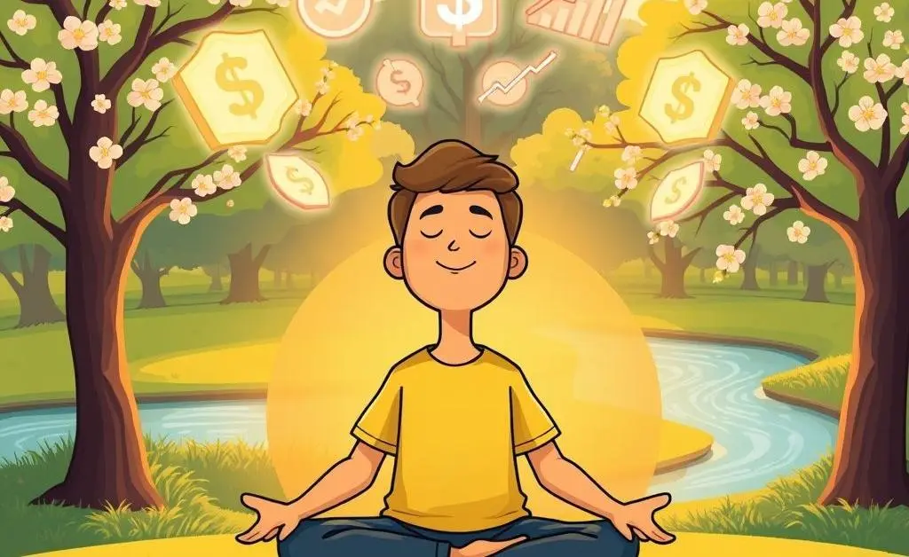 A calm investment mood scene with a person meditating among financial symbols.