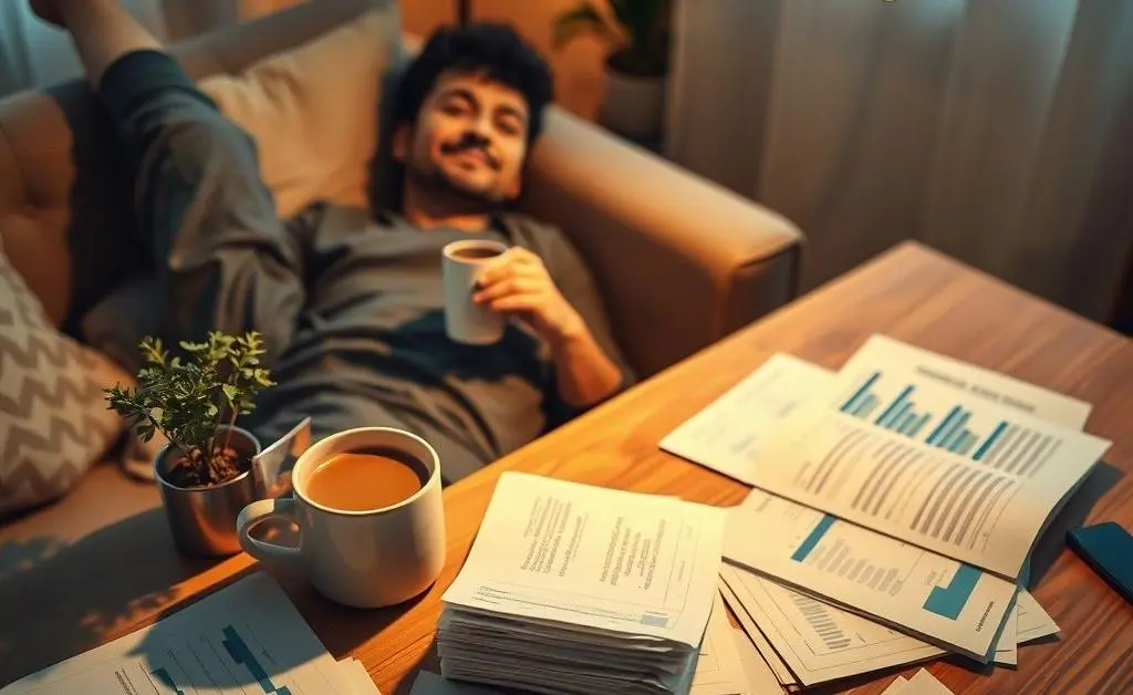 An individual relaxing with financial documents