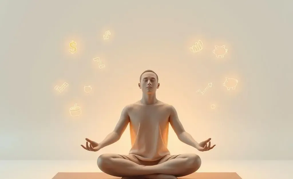 Person meditating with financial symbols, signifying calm investing