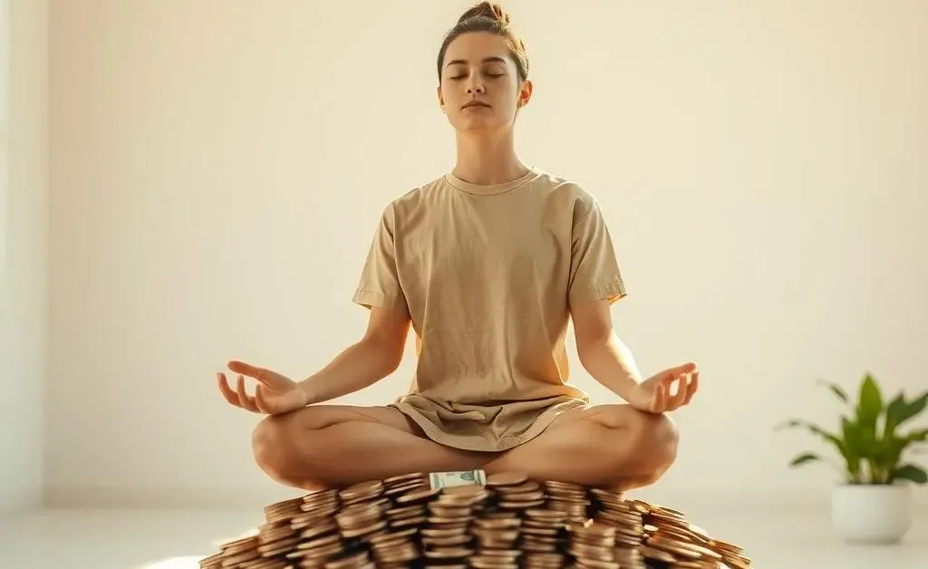 A serene person meditating on a pile of savings