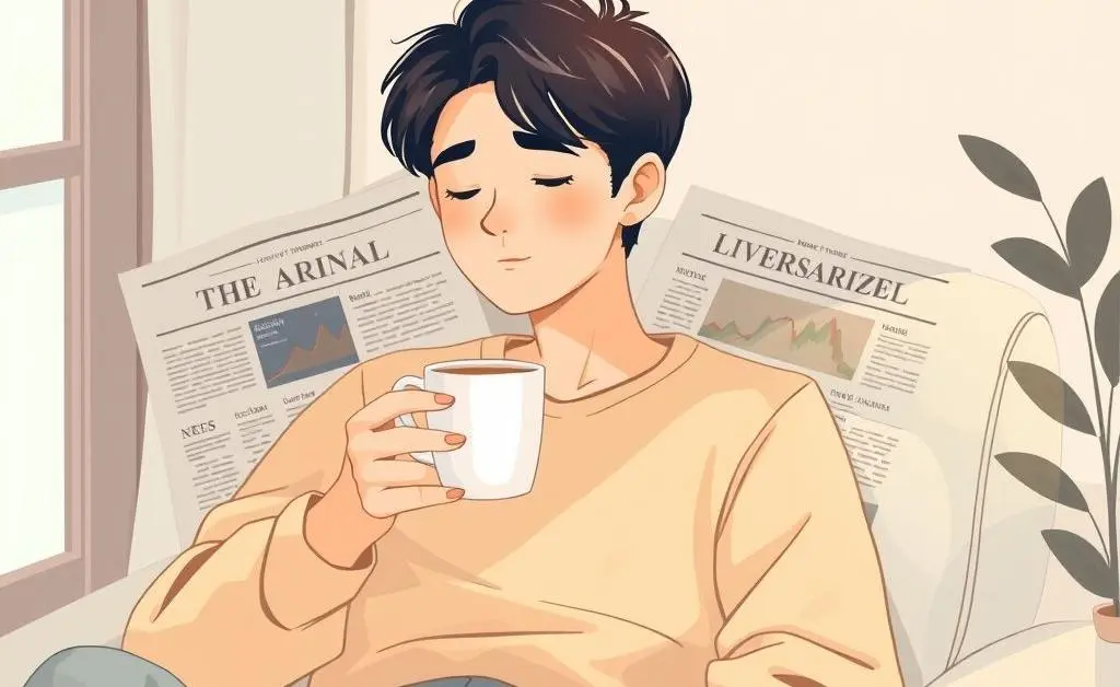 Person relaxing with a cup of coffee and a financial newspaper