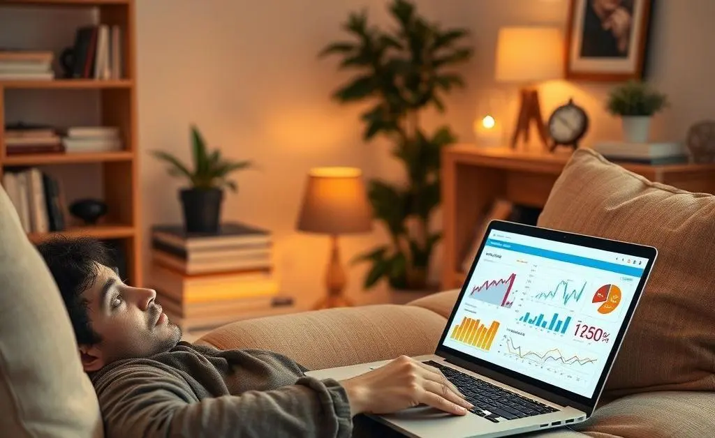 Person relaxing in a cozy room with an open laptop displaying a real estate market analysis