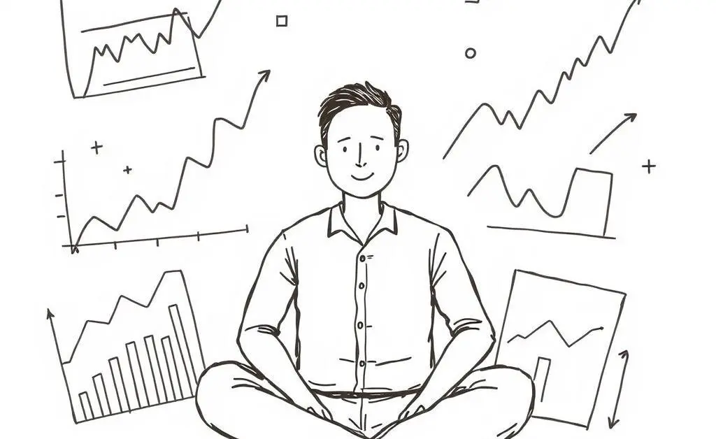 Person sitting calmly with stock charts around them