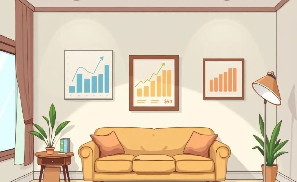 A serene room with financial charts on the wall and a cozy couch.