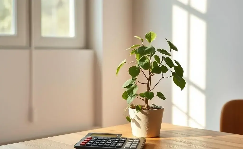 Serene setting with a plant and a calculator