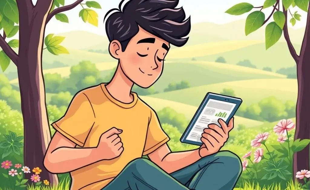 A person sitting calmly, looking at investment options on a tablet.