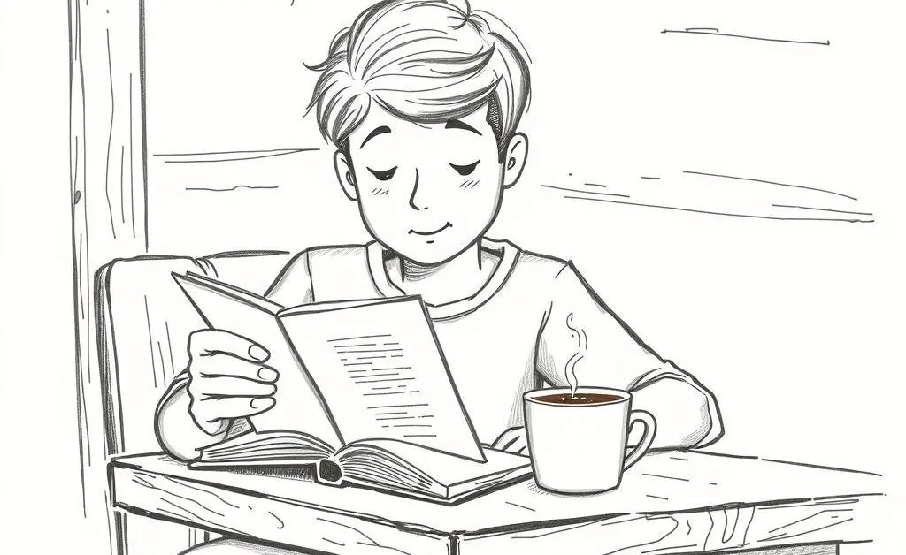 Relaxed person reading investment guides with coffee.