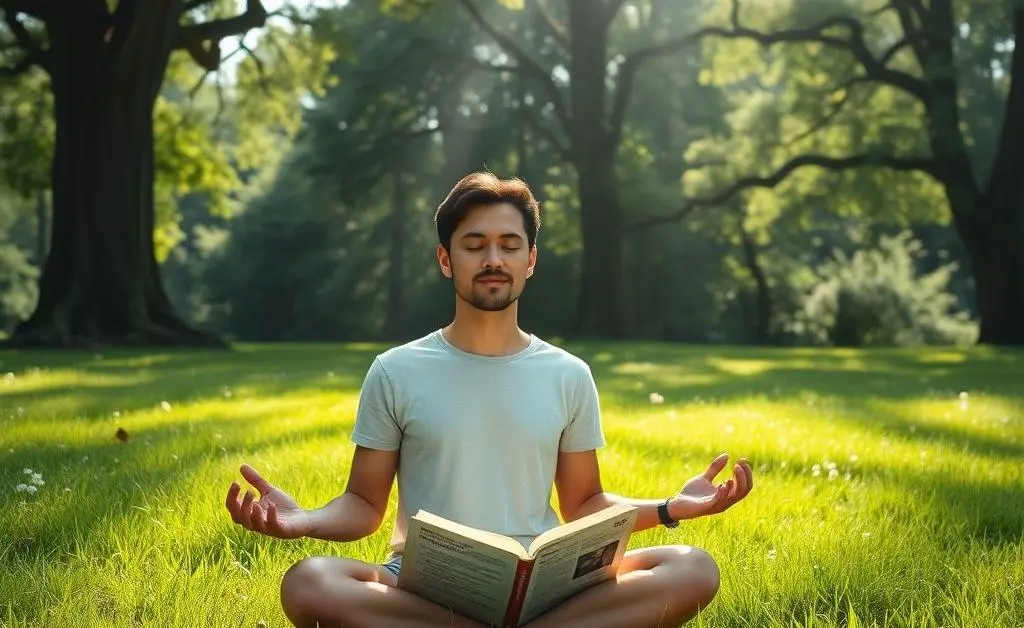 A serene scene with a person meditating beside an investment book.