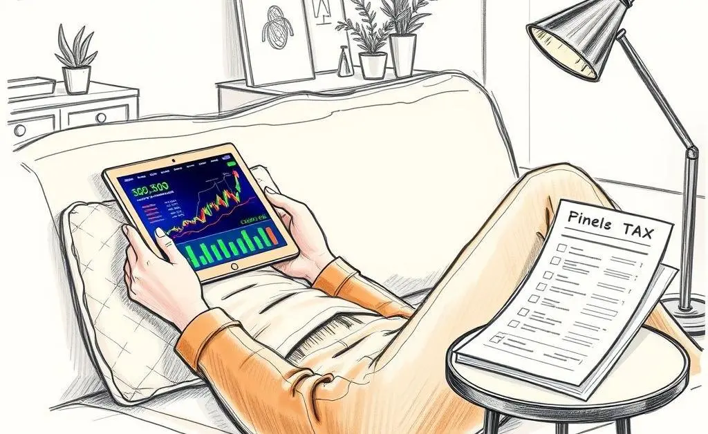 Person relaxed with investment app and tax document