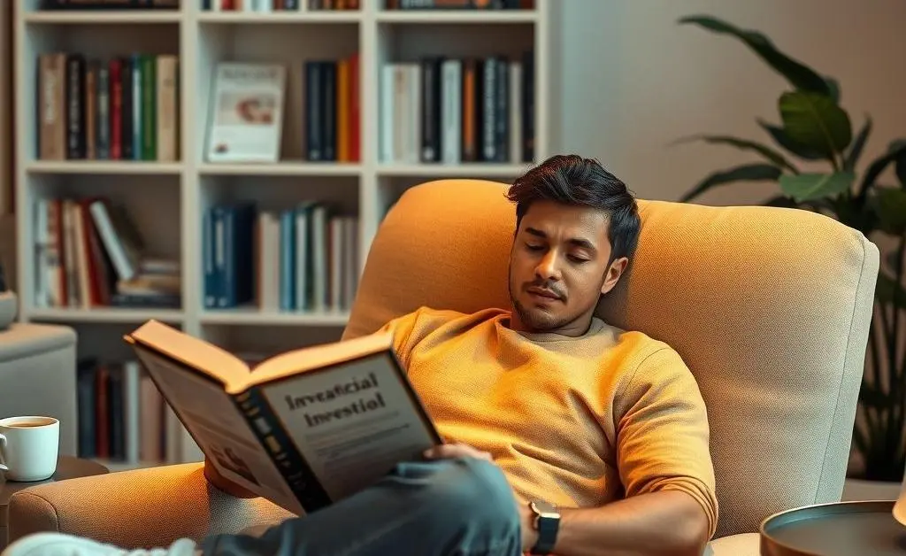 A relaxed person sitting in a comfortable chair reading a book about investing.