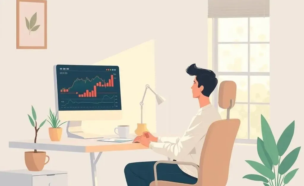 Illustration depicting a calm scene with a person comfortably looking at investment charts