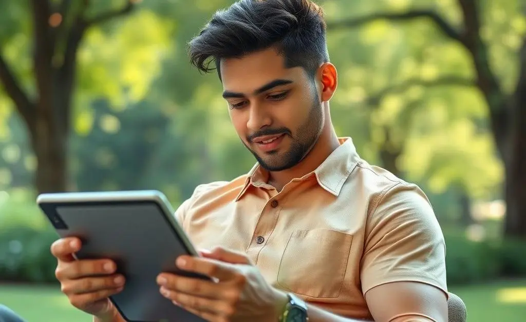 A person viewing investments on a tablet with a serene background.