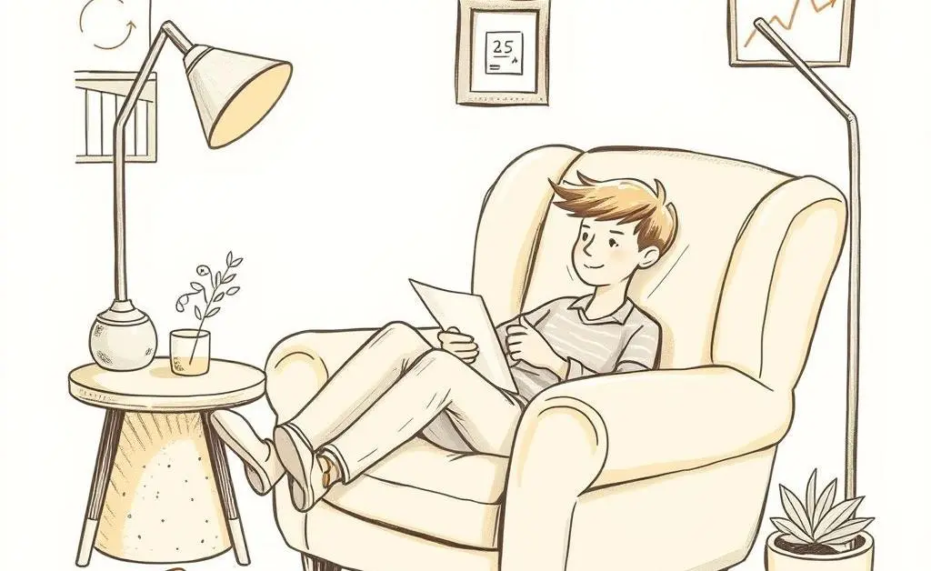A person comfortably investing from a cozy chair with a cat nearby.
