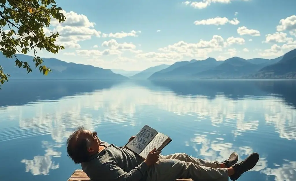 A person reading a book on investing with serene surroundings