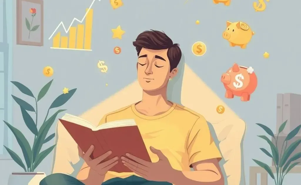 A calm person relaxing with investment symbols around.