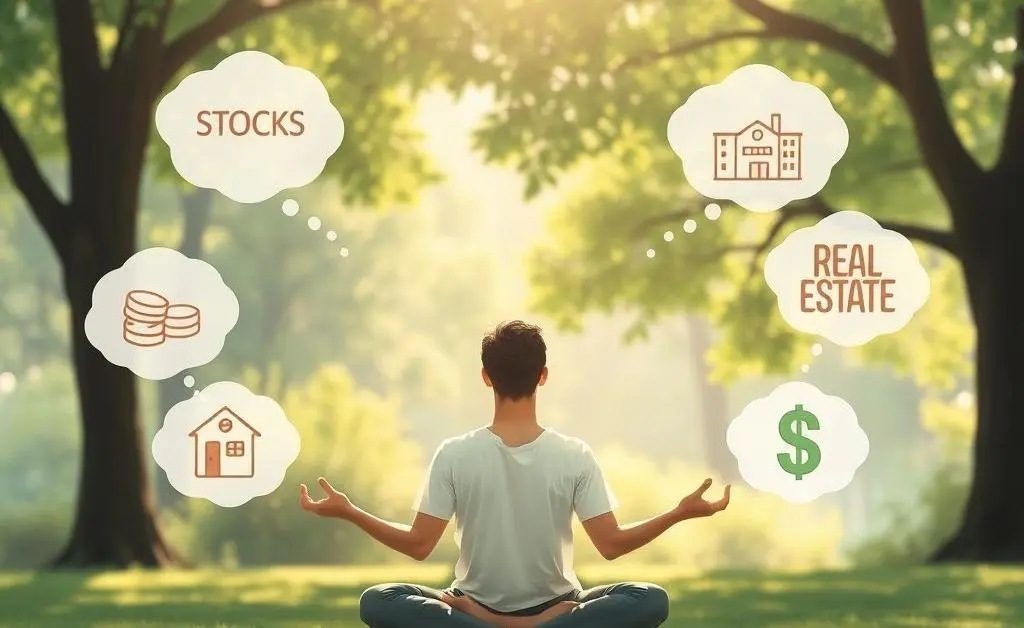 A relaxing scene of a person meditating with thought bubbles showing investments