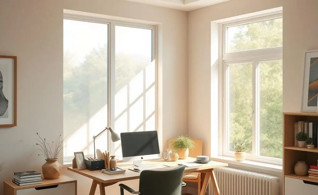 A peaceful home office setting with light streaming through a window, implying thoughtful investment choices.