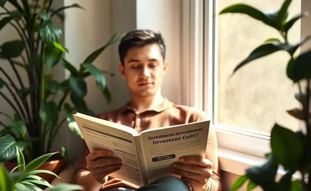 A relaxed individual sitting by a window with plants, holding an investment guide.