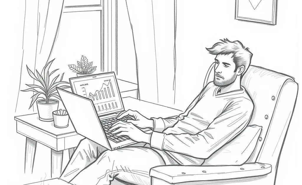 Hand-drawn image of a person relaxing with a laptop reviewing financial investments for a mortgage.