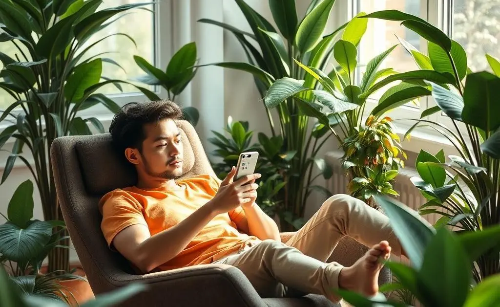 A relaxed person reviewing stock options on a phone.