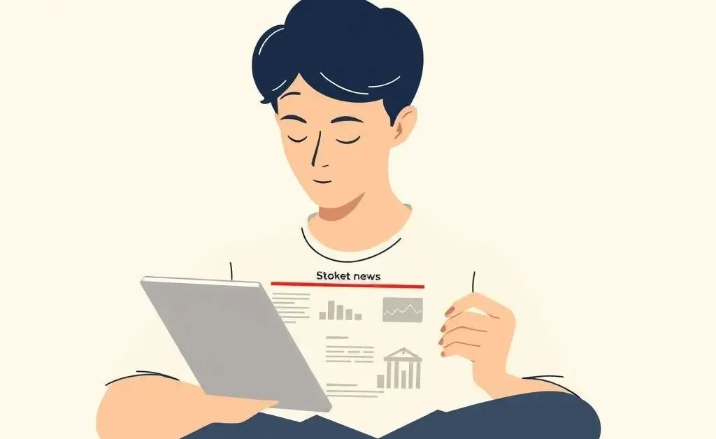 A minimalist illustration showing a person contently reading news on a tablet about stocks