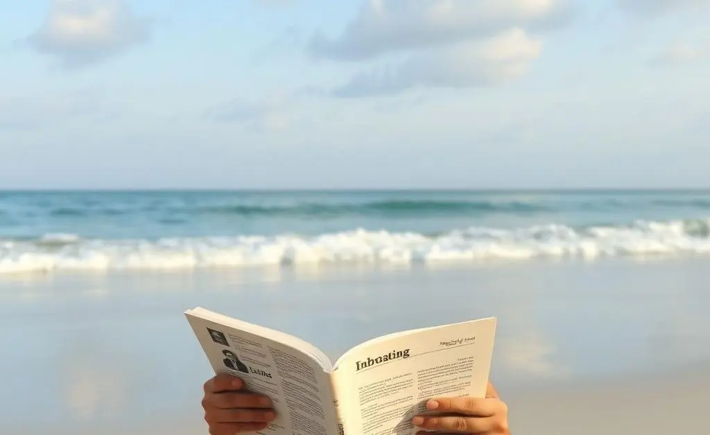 A serene beach scene with a person reading about investing