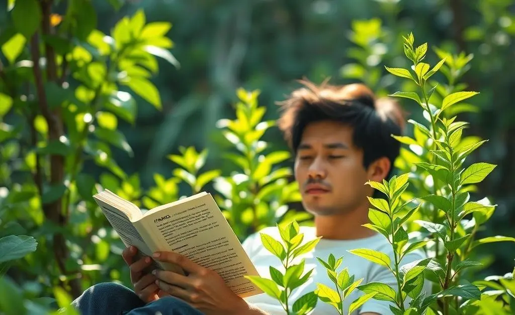 A serene scene showing someone relaxing with a book on finance amidst growing plants symbolizing investments.