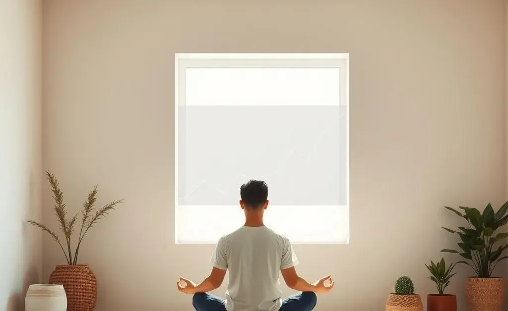 A serene room with a person meditating near a window, with a digital chart graph in the background.